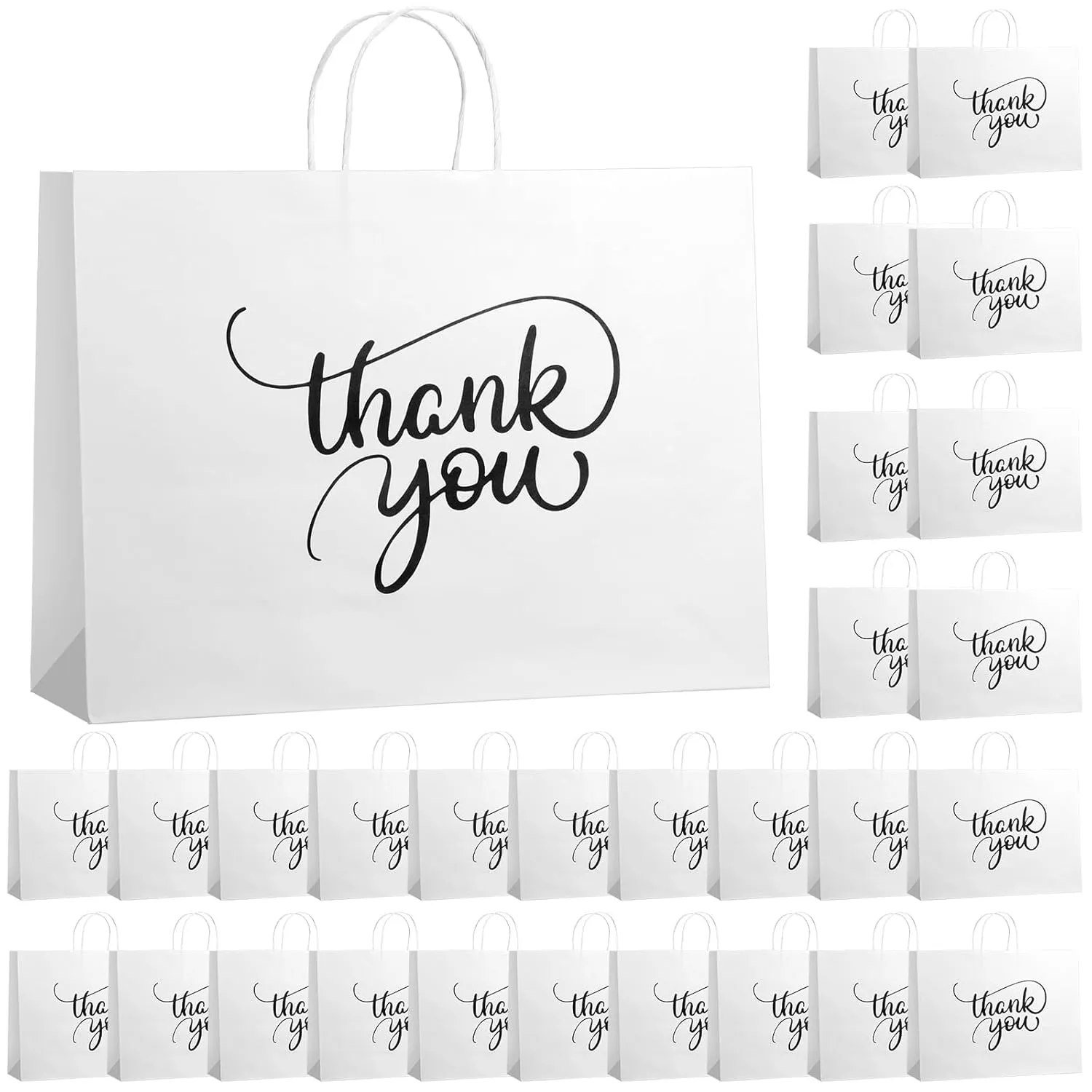 50 Pcs Large Thank You Gift Bags 16.5 x 5 x 12 Inch White Thank You Kraft Paper Bags with Handles for Wedding Birthday Shopping Baby Showers Party Favor Employee Appreciation Gifts