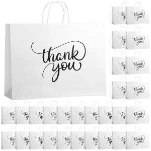50 Pcs Large Thank You Gift Bags 16.5 x 5 x 12 Inch White Thank You Kraft Paper Bags with Handles for Wedding Birthday Shopping Baby Showers Party Favor Employee Appreciation Gifts