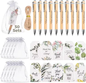 50 PCS Motivational Bamboo Ballpoint Pens, Employee Appreciation Ballpoint Set, Bamboo Ballpoint Pen with Green Plant-Themed Thank You Card & Organza Bag, Staff Inspirational Ballpoint Gifts