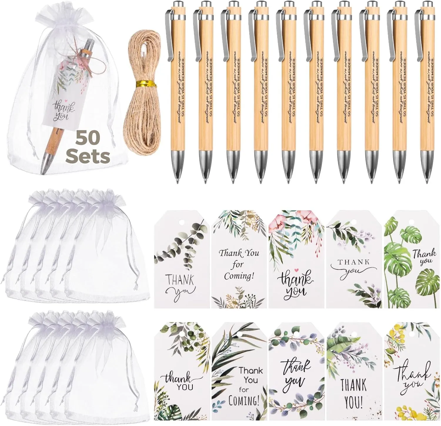 50 PCS Motivational Bamboo Ballpoint Pens, Employee Appreciation Ballpoint Set, Bamboo Ballpoint Pen with Green Plant-Themed Thank You Card & Organza Bag, Staff Inspirational Ballpoint Gifts