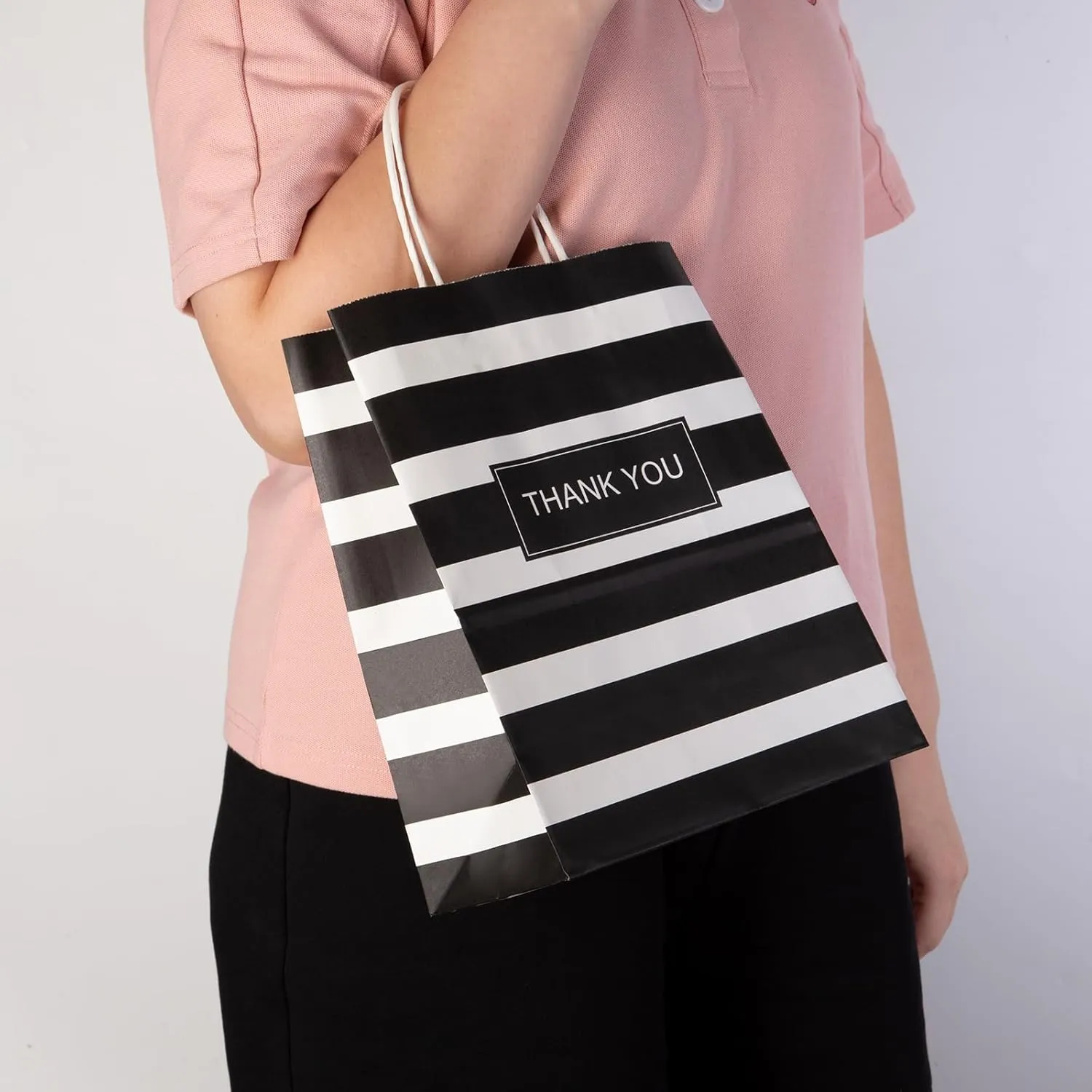 50PCS Thank You Bags Medium 8x4.75x10.5 Inches Gift Bags With Handles Striped Black Paper Bag For Shopping, Retail, Party, Boutique, Grocery, Easter, Mother's Day, Graduation