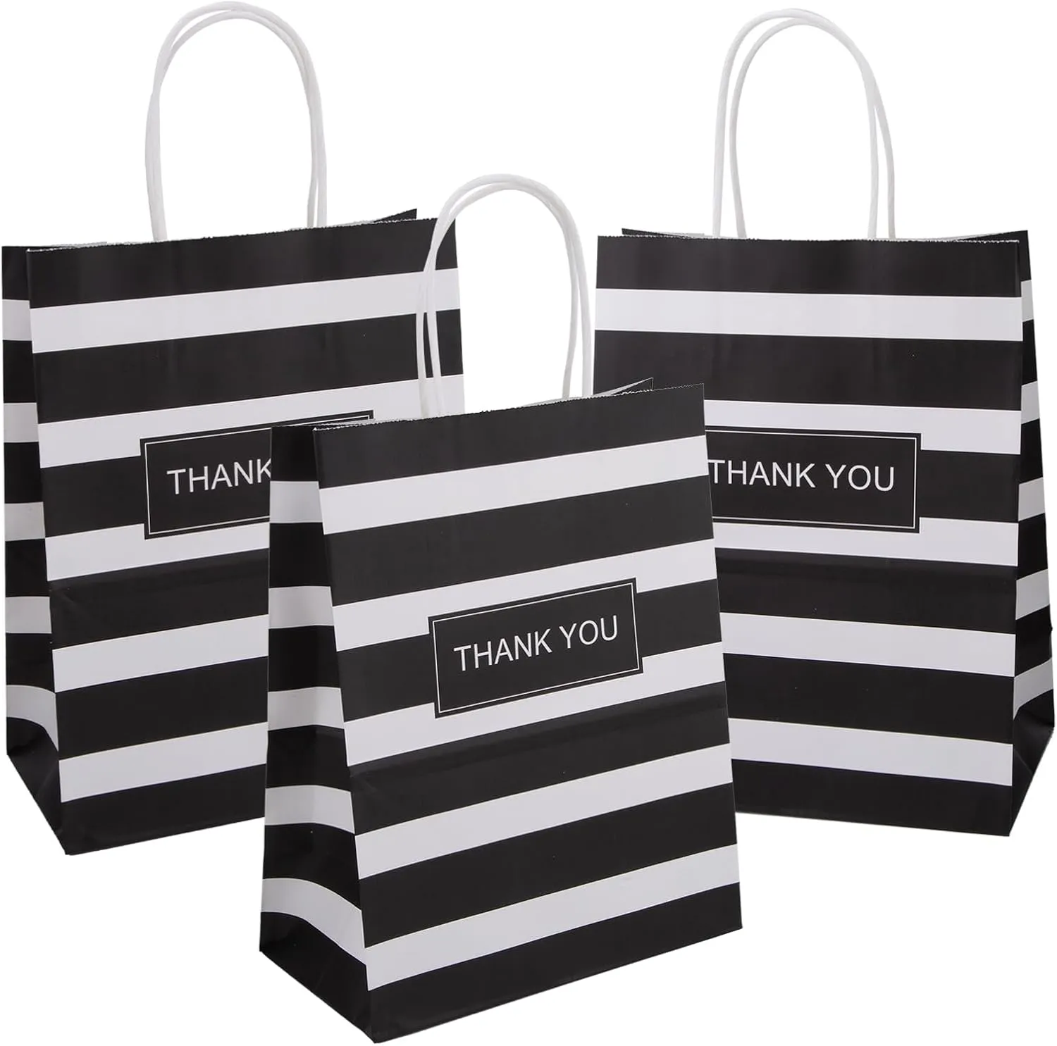 50PCS Thank You Bags Medium 8x4.75x10.5 Inches Gift Bags With Handles Striped Black Paper Bag For Shopping, Retail, Party, Boutique, Grocery, Easter, Mother's Day, Graduation