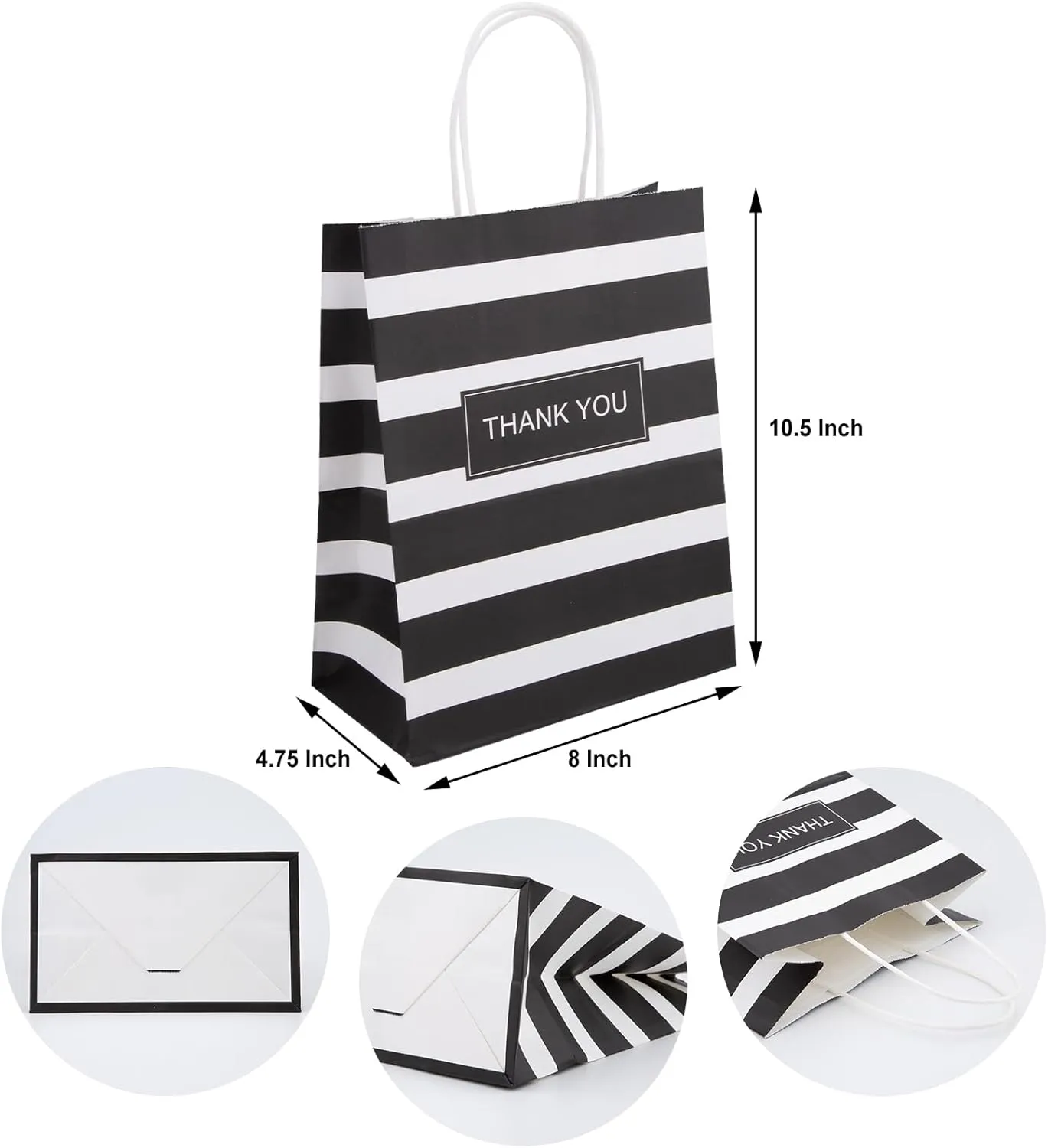 50PCS Thank You Bags Medium 8x4.75x10.5 Inches Gift Bags With Handles Striped Black Paper Bag For Shopping, Retail, Party, Boutique, Grocery, Easter, Mother's Day, Graduation