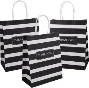 50PCS Thank You Bags Medium 8x4.75x10.5 Inches Gift Bags With Handles Striped Black Paper Bag For Shopping, Retail, Party, Boutique, Grocery, Easter, Mother's Day, Graduation