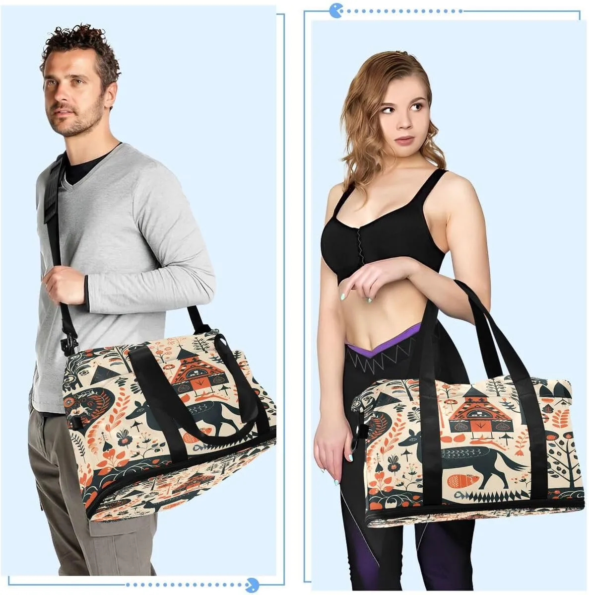 ALAZA Deer Snowflake Snow Pine Tree Tribal Travel Duffel Bag with Shoe Compartment Tote Bag Weekender Overnight Bag with Wet Pocket for Travel,Gym,Yoga,Swimming