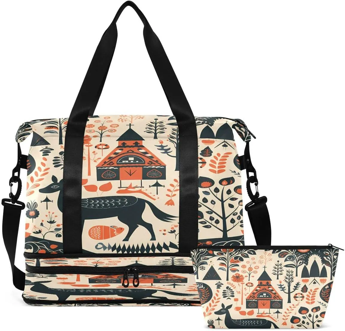 ALAZA Deer Snowflake Snow Pine Tree Tribal Travel Duffel Bag with Shoe Compartment Tote Bag Weekender Overnight Bag with Wet Pocket for Travel,Gym,Yoga,Swimming