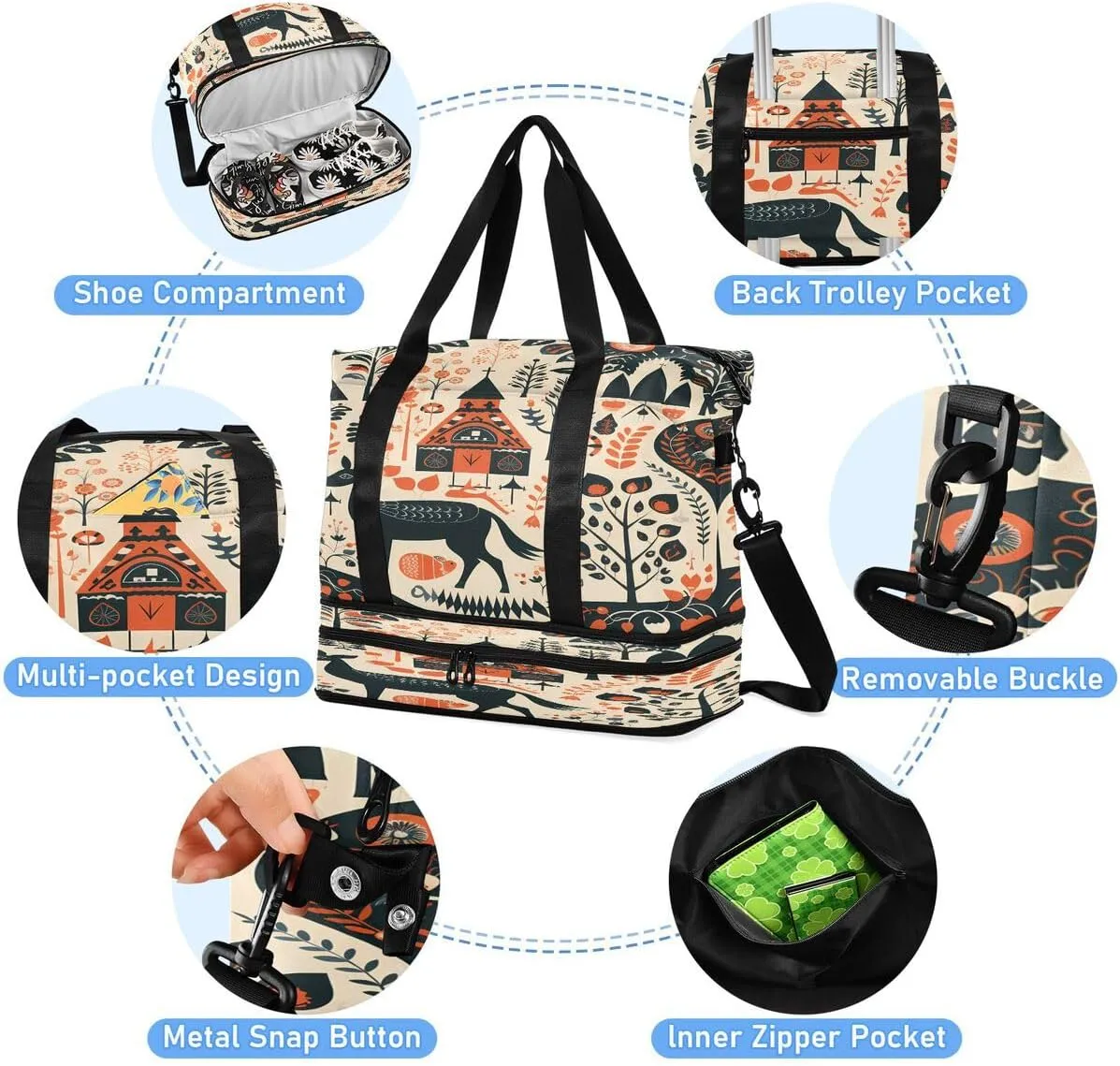 ALAZA Deer Snowflake Snow Pine Tree Tribal Travel Duffel Bag with Shoe Compartment Tote Bag Weekender Overnight Bag with Wet Pocket for Travel,Gym,Yoga,Swimming