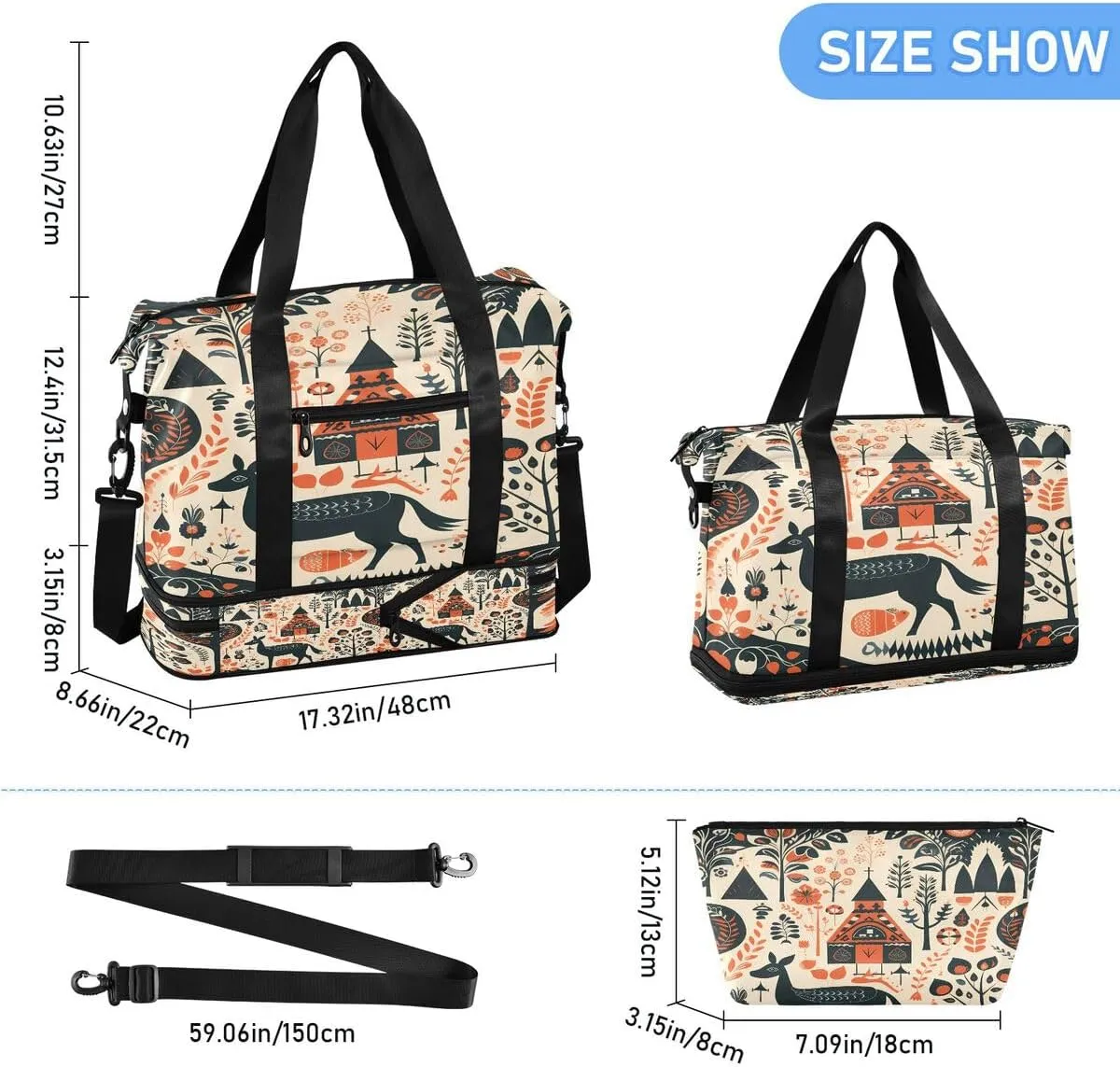 ALAZA Deer Snowflake Snow Pine Tree Tribal Travel Duffel Bag with Shoe Compartment Tote Bag Weekender Overnight Bag with Wet Pocket for Travel,Gym,Yoga,Swimming