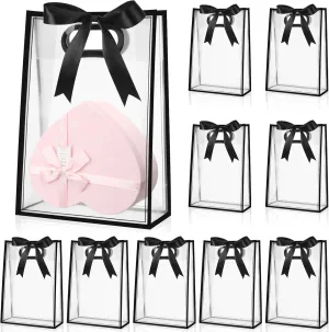 Aliceset 12 Pcs Clear Plastic Gift Bag with Die Cut Handles Graduation Reusable PP Flower Bag with Ribbon for Wedding Bridal Birthday Baby Shower Party Business, 7x10x3.15 Inch(Black)