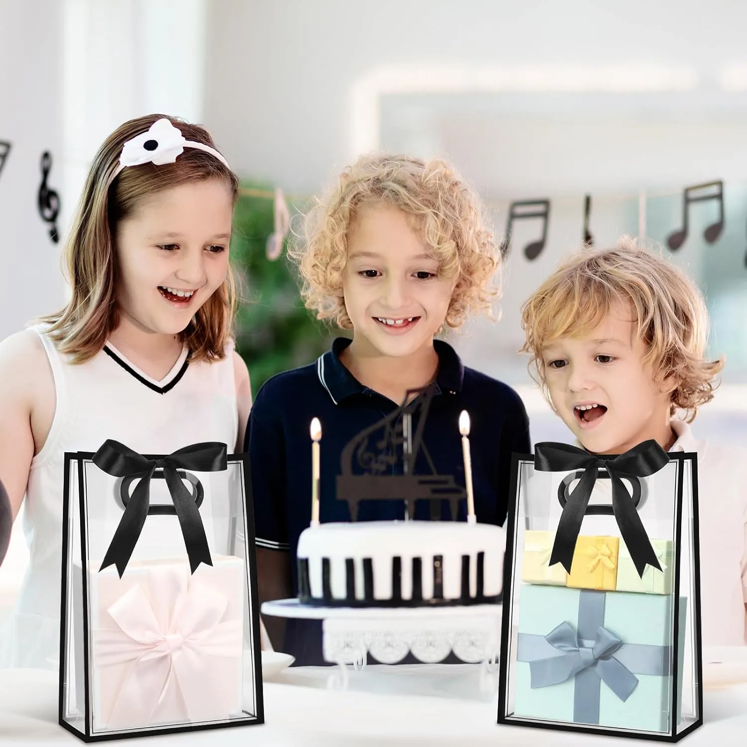 Aliceset 12 Pcs Clear Plastic Gift Bag with Die Cut Handles Graduation Reusable PP Flower Bag with Ribbon for Wedding Bridal Birthday Baby Shower Party Business, 7x10x3.15 Inch(Black)