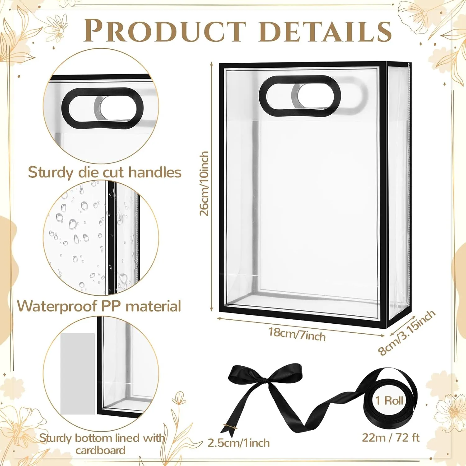 Aliceset 12 Pcs Clear Plastic Gift Bag with Die Cut Handles Graduation Reusable PP Flower Bag with Ribbon for Wedding Bridal Birthday Baby Shower Party Business, 7x10x3.15 Inch(Black)