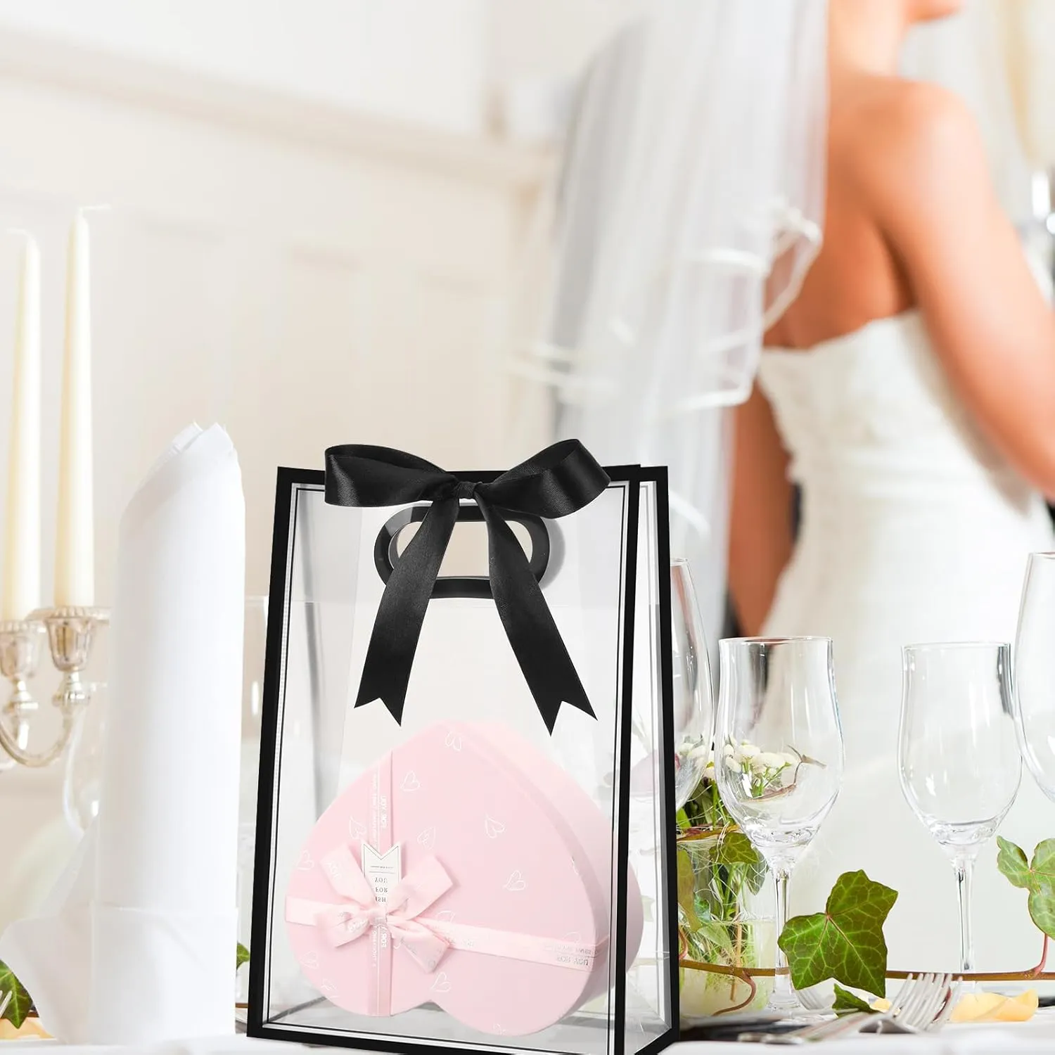 Aliceset 12 Pcs Clear Plastic Gift Bag with Die Cut Handles Graduation Reusable PP Flower Bag with Ribbon for Wedding Bridal Birthday Baby Shower Party Business, 7x10x3.15 Inch(Black)