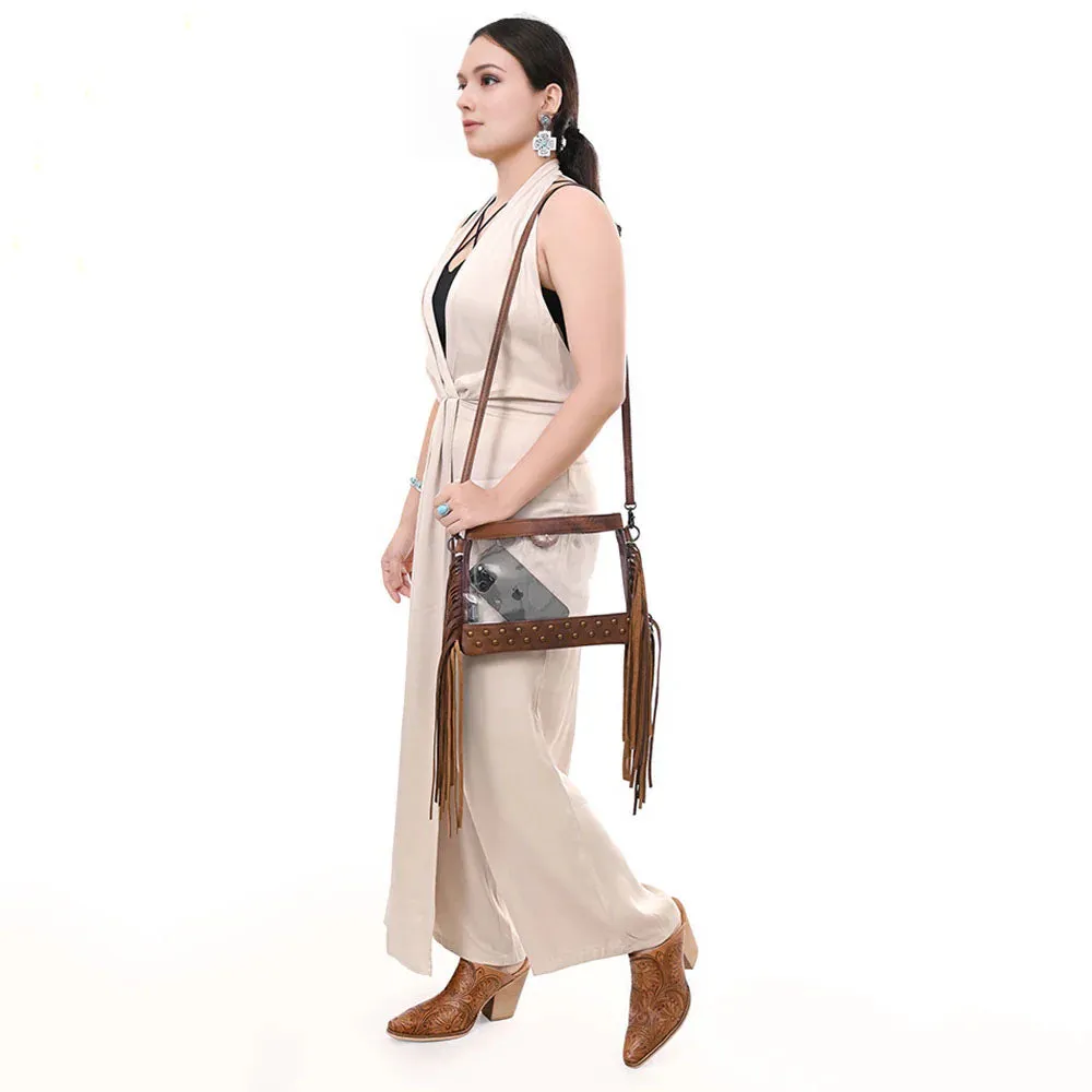 American Darling Genuine Clear Leather Bag with Brass Spots and Fringe