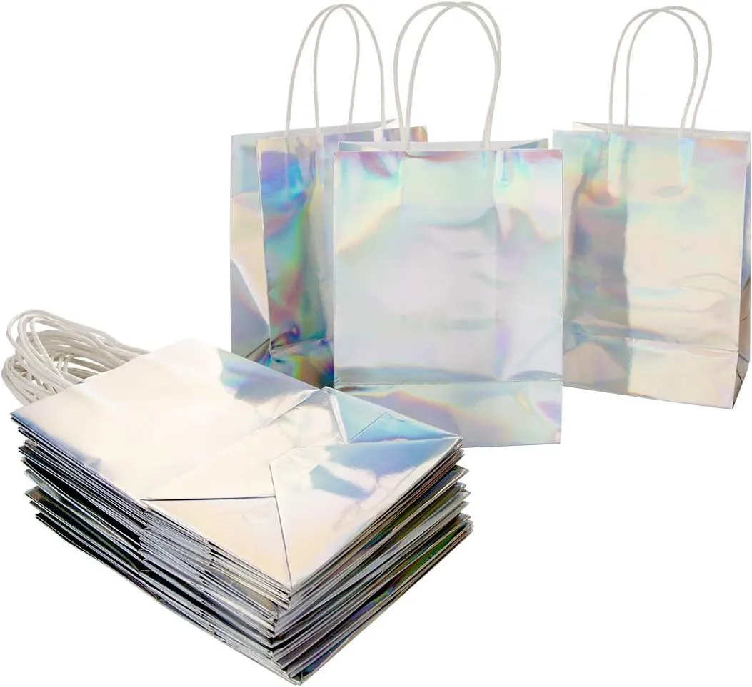 Andaz Press Iridescent Party Bags with Handles, 5.75 x 7.75 inches, 25 Pack Holographic Silver Foil Gift Bags, Treat Bags, Favor Bags, Party Favors, Favor Gifts for Guests, Thank You Bags, Welcome Ba