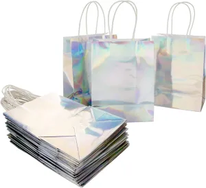 Andaz Press Iridescent Party Bags with Handles, 5.75 x 7.75 inches, 25 Pack Holographic Silver Foil Gift Bags, Treat Bags, Favor Bags, Party Favors, Favor Gifts for Guests, Thank You Bags, Welcome Ba