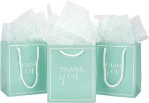 Andaz Press Thank You Party Gift Bags with Handles and Tissue Paper, 5 x 6 inches, 25 Pack Modern Geometric Treat Bags for Guests (Aqua)