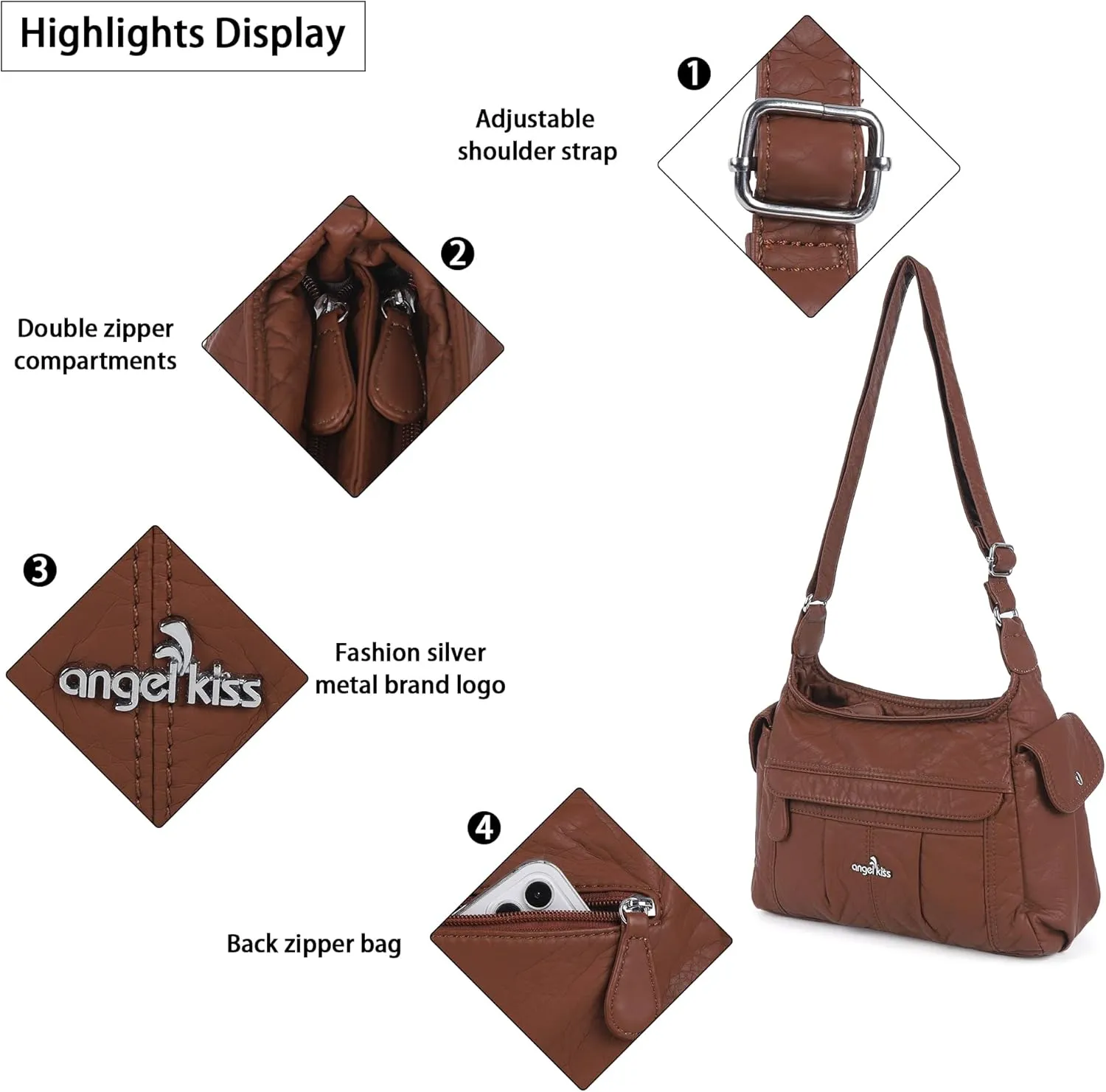 Angelkiss Crossbody Bags for Women, Ladies Shoulder Handbags and Purses Medium Faux Leather Pocketbooks