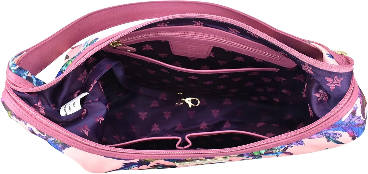 Anuschka Large Sling Hobo-Wanderlust Collection-Nylon Fabric with Leather Trim and Artwork Print