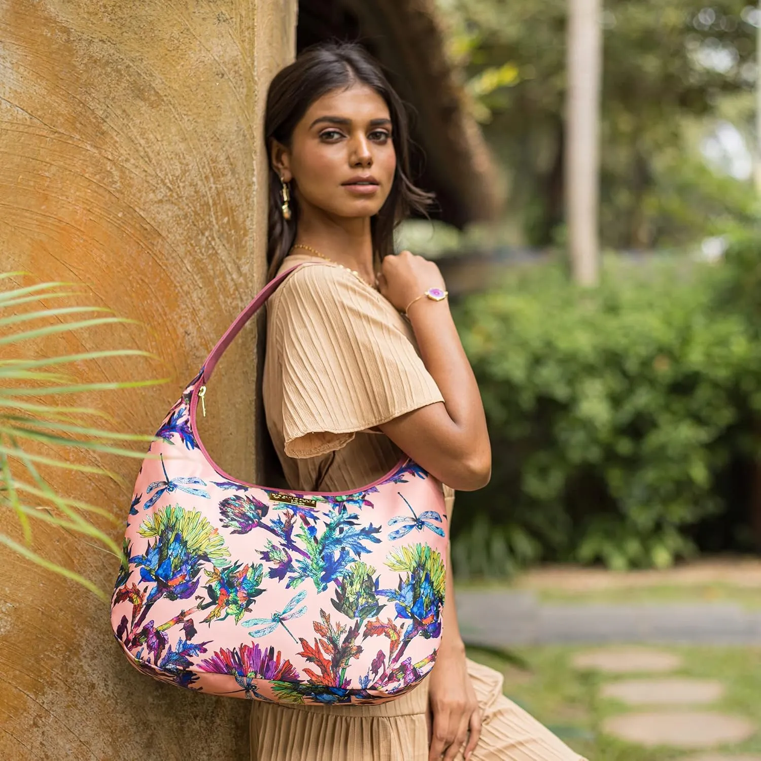Anuschka Large Sling Hobo-Wanderlust Collection-Nylon Fabric with Leather Trim and Artwork Print