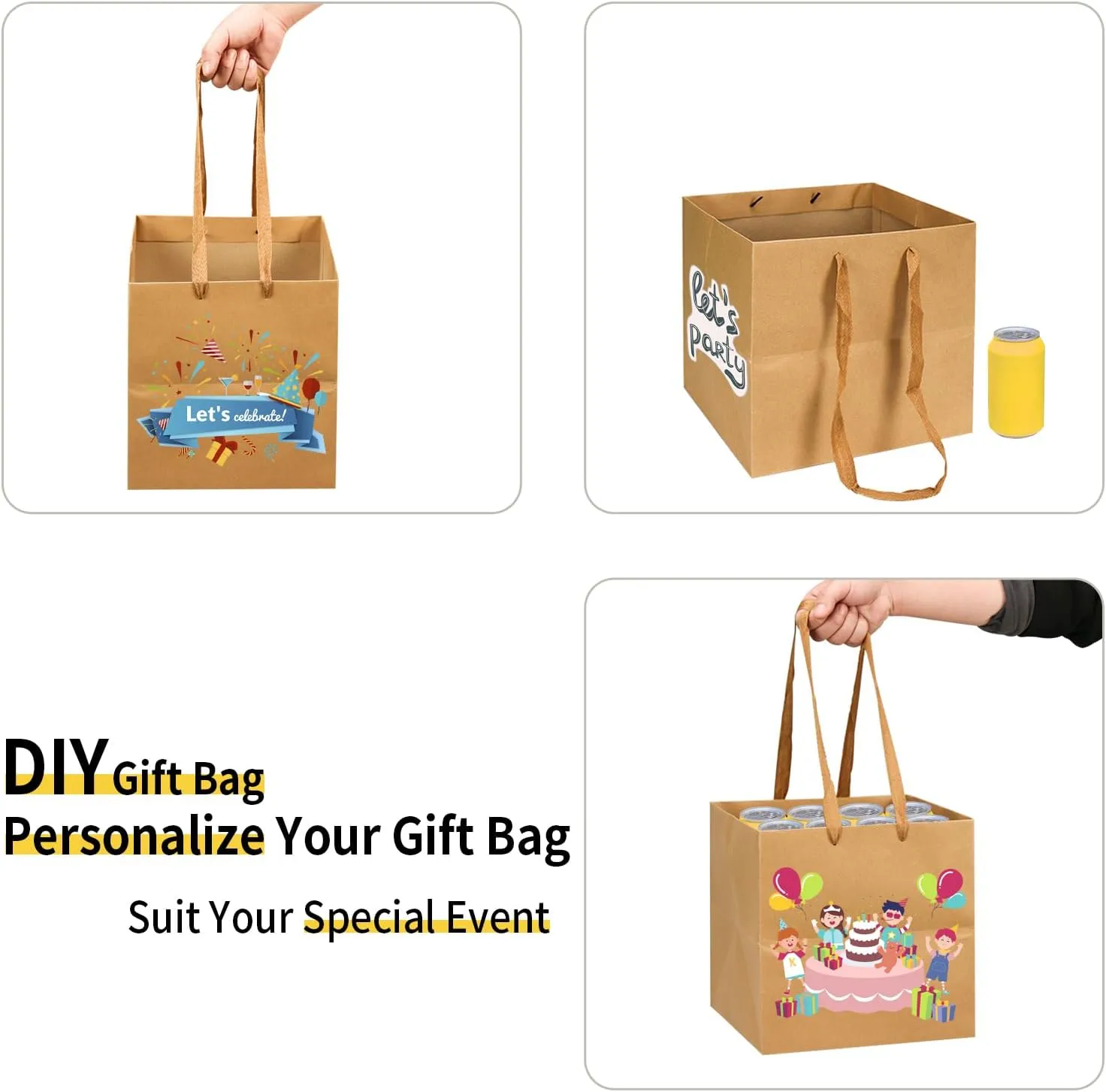 Aosric Brown Paper Bags 12 Pcs, 6x6x6 In Large Gift Bags with Handles for Party Favor, Wedding, Celebration, Shopping Bags, Souvenir Bags, Reusable Grocery Bags Bulk for Business, Retail