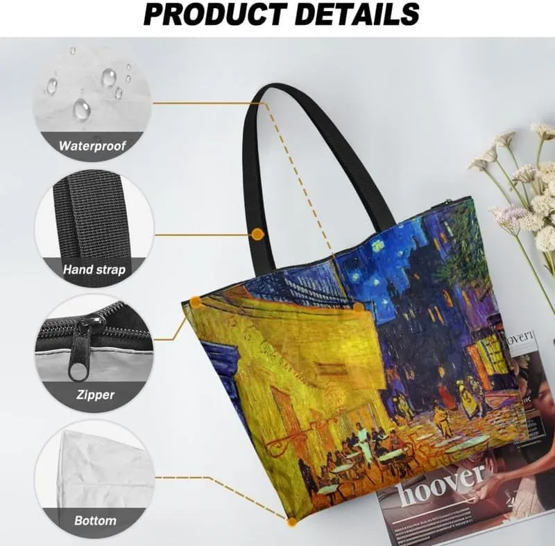 Art Lover Zippered Tote Bag Waterproof Large Work Tote Bags, Van Gogh Artwork Women's Purse Handbags Travel Totes