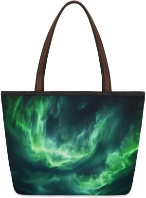 Aurora Borealis Scenery Beautiful Tote Bag Multi Pocket Zippered Beach Bag Lightweight Waterproof Handbag