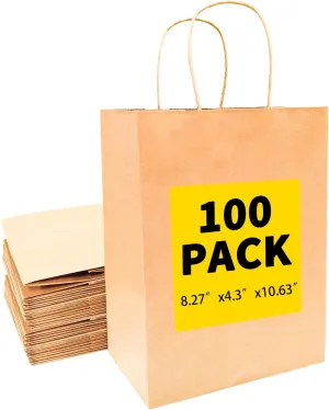 BAG BOX 100 Pcs Medium 8.25x4.3x10.6 Inch Brown Kraft Paper Gift Bags with Handles for Bulk Wedding, Party Favors, Grocery, Shopping, Retail Merchandise, Gift Sacks