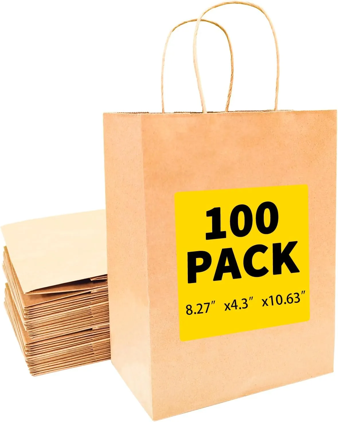 BAG BOX 100 Pcs Medium 8.25x4.3x10.6 Inch Brown Kraft Paper Gift Bags with Handles for Bulk Wedding, Party Favors, Grocery, Shopping, Retail Merchandise, Gift Sacks