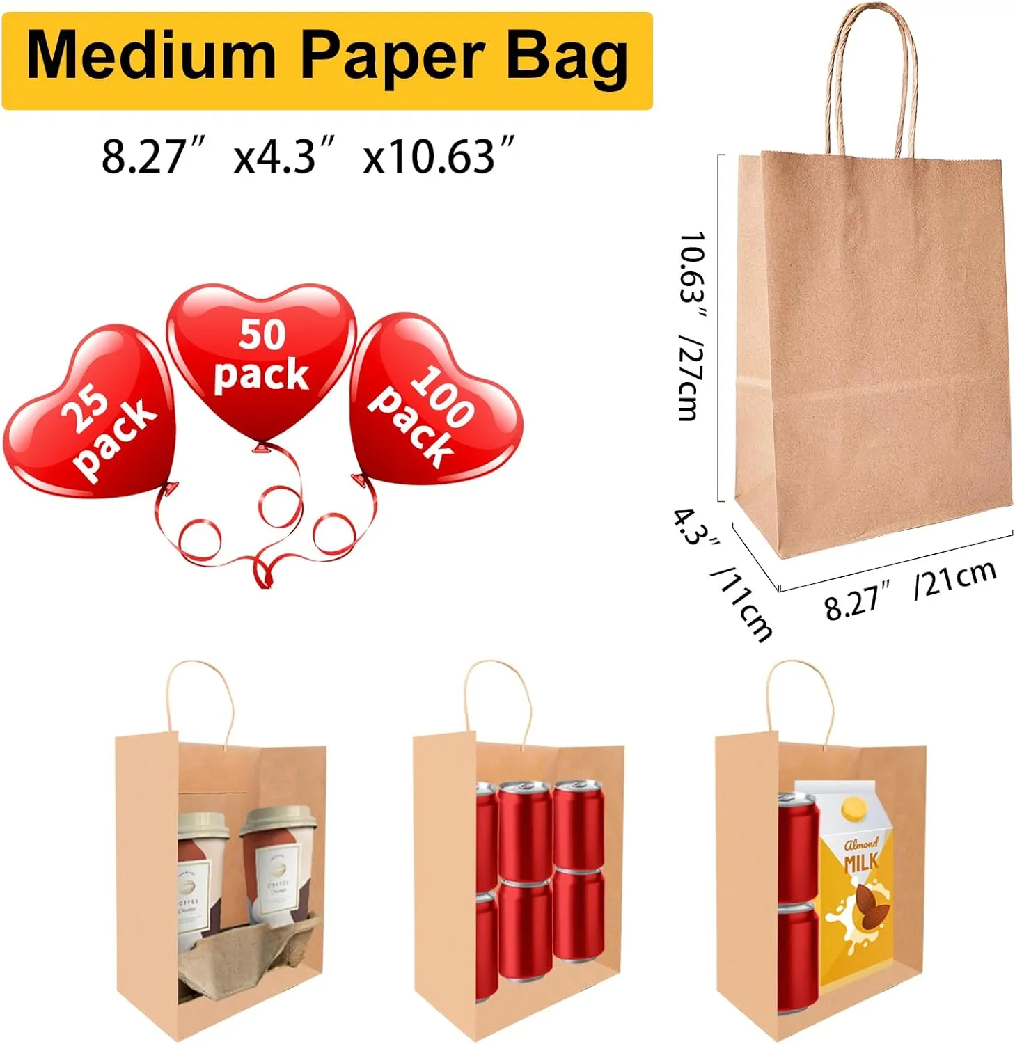 BAG BOX 100 Pcs Medium 8.25x4.3x10.6 Inch Brown Kraft Paper Gift Bags with Handles for Bulk Wedding, Party Favors, Grocery, Shopping, Retail Merchandise, Gift Sacks