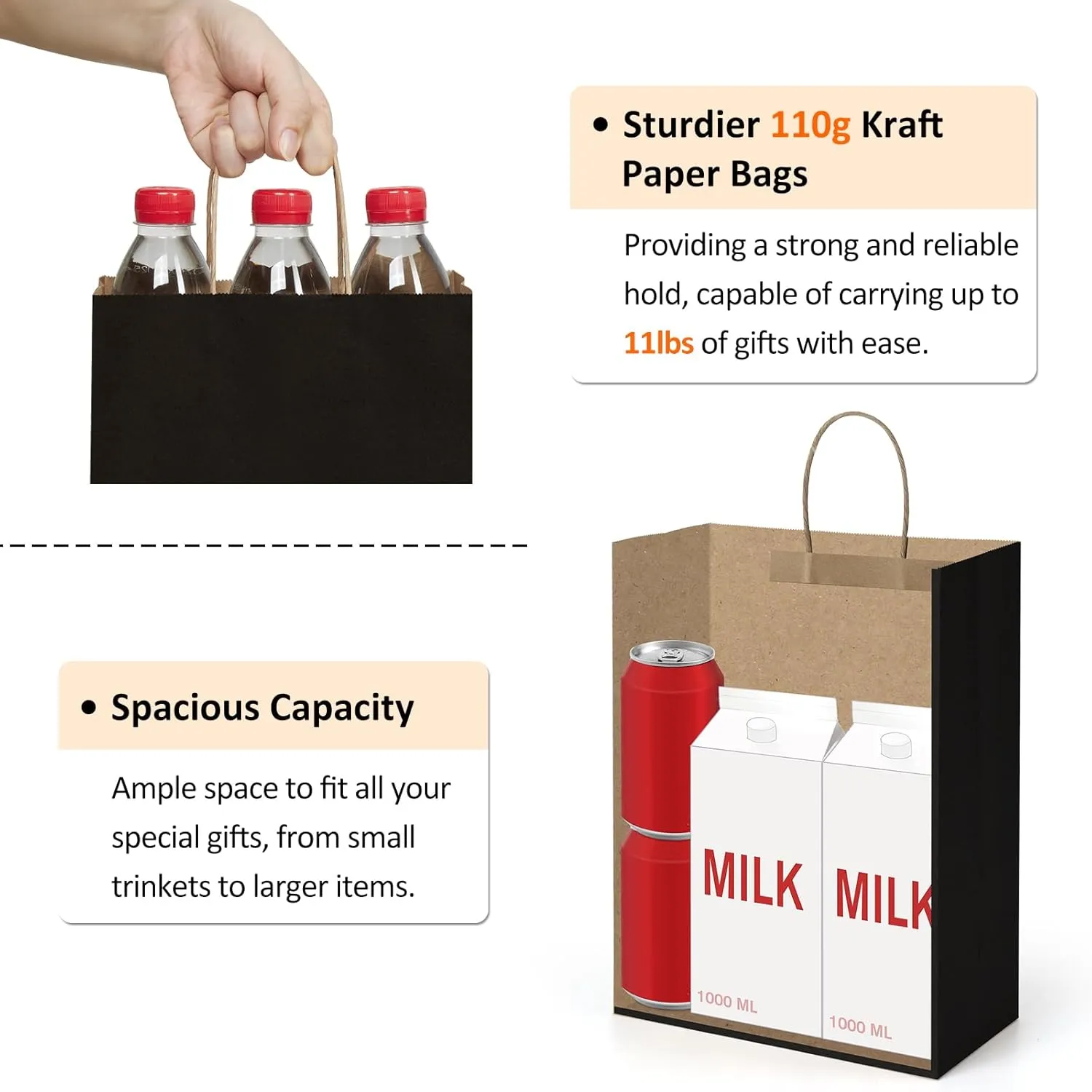BagDream Gift Bags 10x5x13 50Pack Kraft Paper Shopping Bags with handles Bulk, for Shopping, Retail, Merchandise, Party Favor, Business, 100% Recycled Black Large Paper Gift Sacks