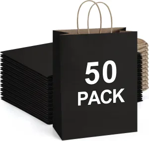 BagDream Gift Bags 10x5x13 50Pack Kraft Paper Shopping Bags with handles Bulk, for Shopping, Retail, Merchandise, Party Favor, Business, 100% Recycled Black Large Paper Gift Sacks