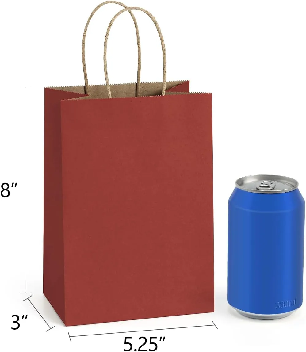 BagDream Kraft Paper Bags 100Pcs 5.25x3x8 Inches Small Kraft Gift Bags with Handles Bulk, for Shopping, Party Favor, Retail, Merchandise, Business, Red Paper Gift Sacks