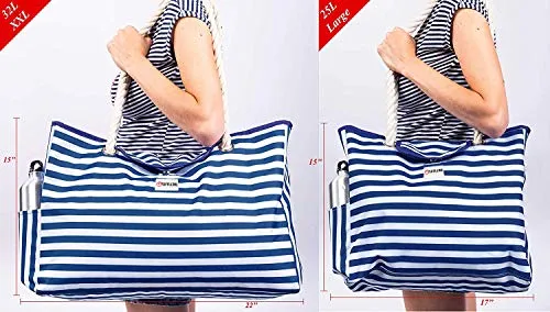 Beach Bag XXL (HUGE) - 100% Waterproof - L22"xH15"xW6" - Rope Handles - Top Magnet Clasp - Outside Pockets - Beach Tote has Waterproof Phone Case, Key Holder, Bottle Opener