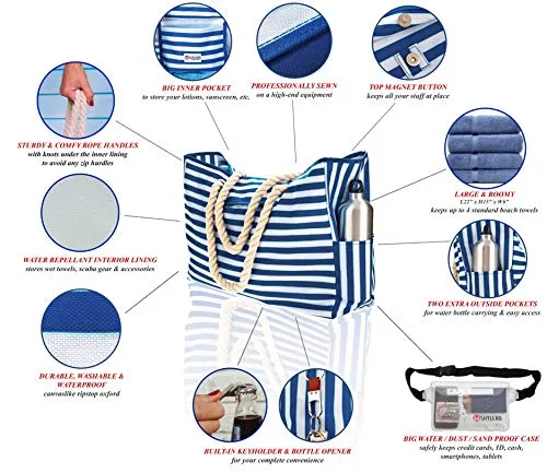 Beach Bag XXL (HUGE) - 100% Waterproof - L22"xH15"xW6" - Rope Handles - Top Magnet Clasp - Outside Pockets - Beach Tote has Waterproof Phone Case, Key Holder, Bottle Opener