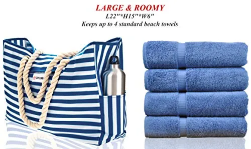 Beach Bag XXL (HUGE) - 100% Waterproof - L22"xH15"xW6" - Rope Handles - Top Magnet Clasp - Outside Pockets - Beach Tote has Waterproof Phone Case, Key Holder, Bottle Opener