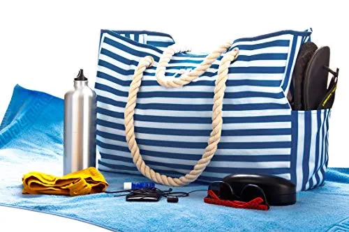 Beach Bag XXL (HUGE) - 100% Waterproof - L22"xH15"xW6" - Rope Handles - Top Magnet Clasp - Outside Pockets - Beach Tote has Waterproof Phone Case, Key Holder, Bottle Opener