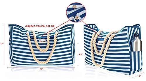 Beach Bag XXL (HUGE) - 100% Waterproof - L22"xH15"xW6" - Rope Handles - Top Magnet Clasp - Outside Pockets - Beach Tote has Waterproof Phone Case, Key Holder, Bottle Opener
