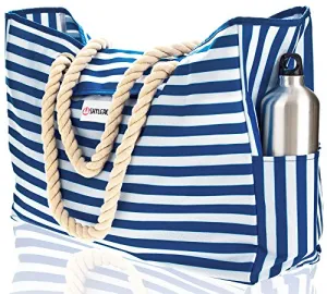 Beach Bag XXL (HUGE) - 100% Waterproof - L22"xH15"xW6" - Rope Handles - Top Magnet Clasp - Outside Pockets - Beach Tote has Waterproof Phone Case, Key Holder, Bottle Opener