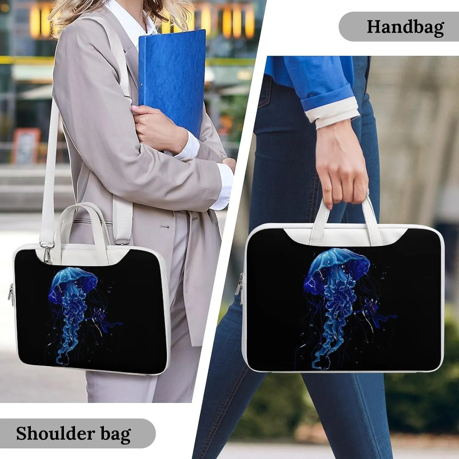 Beautiful Jelly Fish with Scuba Diver Laptop Bag PU Leather Computer Tote Bag Carrying Case Messenger Bag with Handle