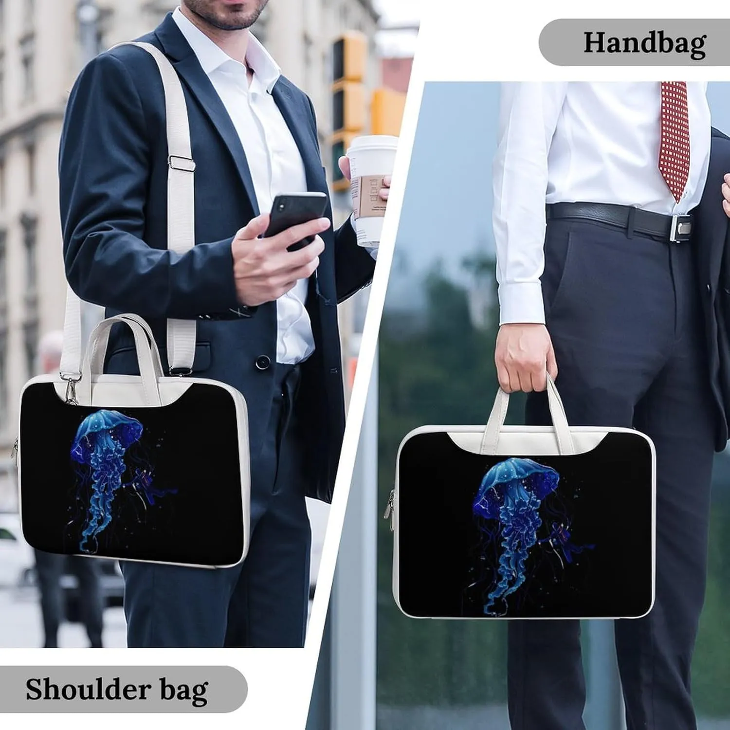 Beautiful Jelly Fish with Scuba Diver Laptop Bag PU Leather Computer Tote Bag Carrying Case Messenger Bag with Handle