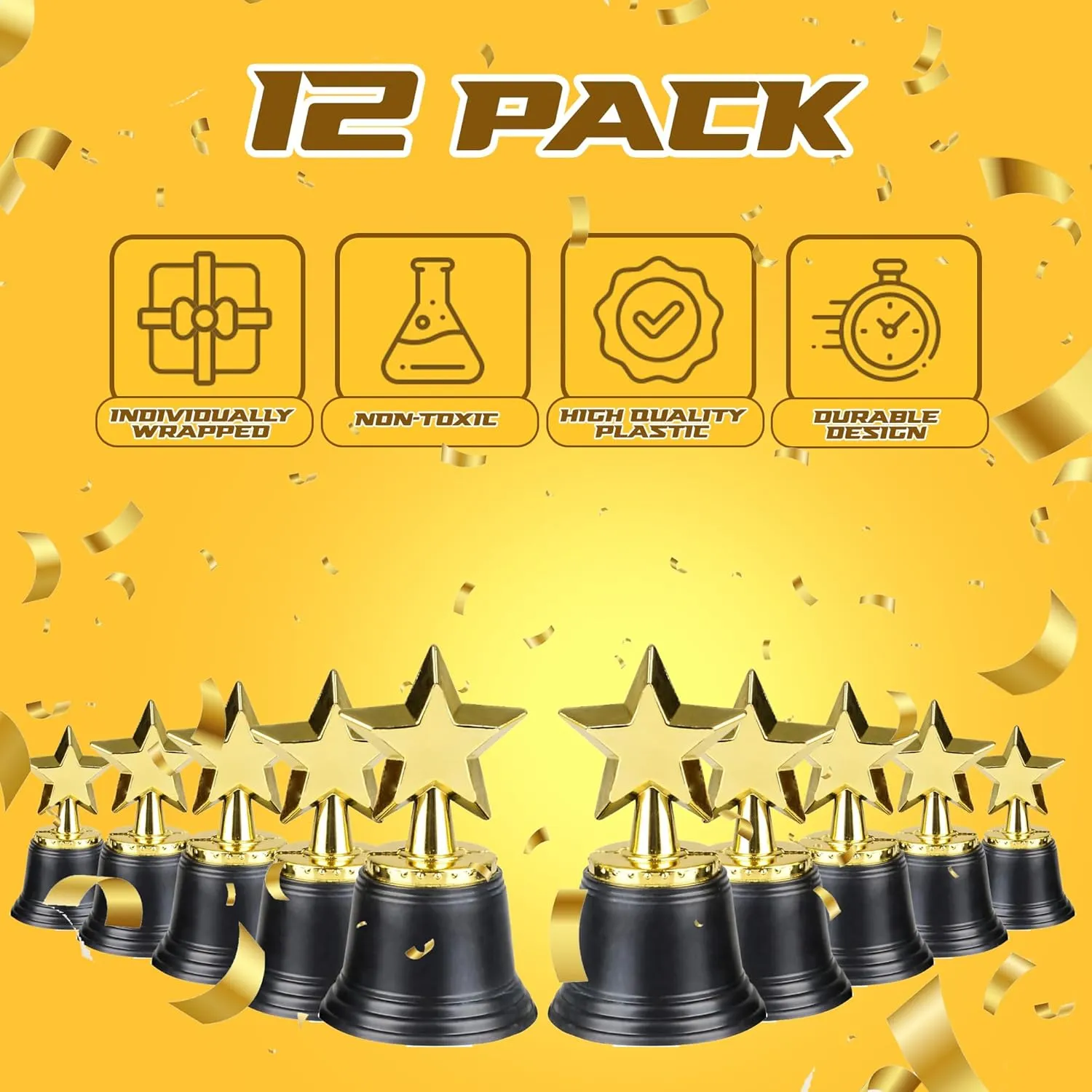 Bedwina Star Trophy Award - (Pack of 12) Bulk - 4.5 Inch Gold Trophies for Kids Awards, Choice Prizes for Adults, Winner Competitions, Sports Events, Party Decorations, Teachers and Party Favors