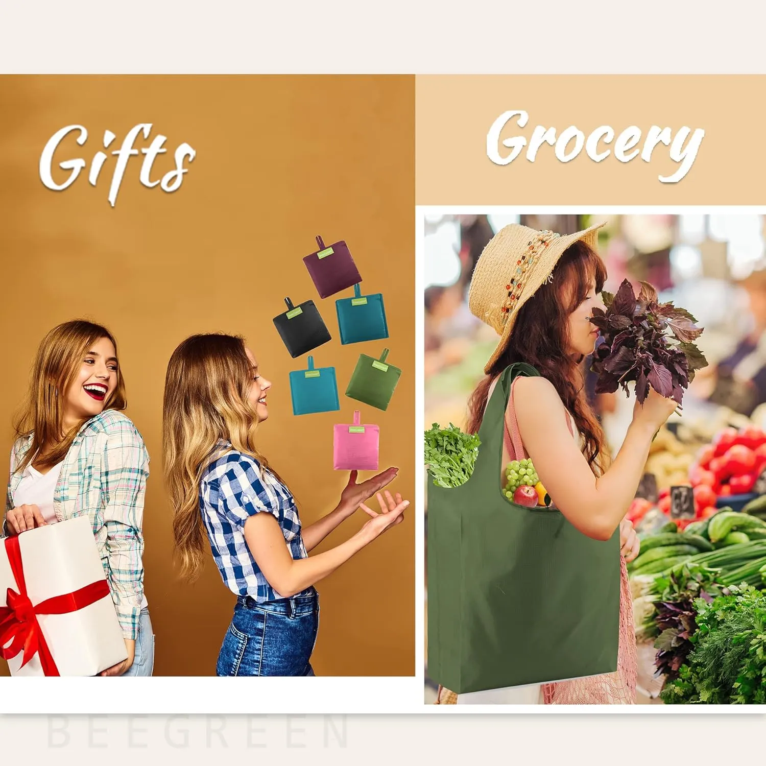 BeeGreen Reusable Grocery Bags Foldable Reusable Gift Bag Reusable Shopping- Bags With Handles Polyester Grocery Tote Bulk Travel Tote Bags For Women Cloth Bag Colorful Gifts