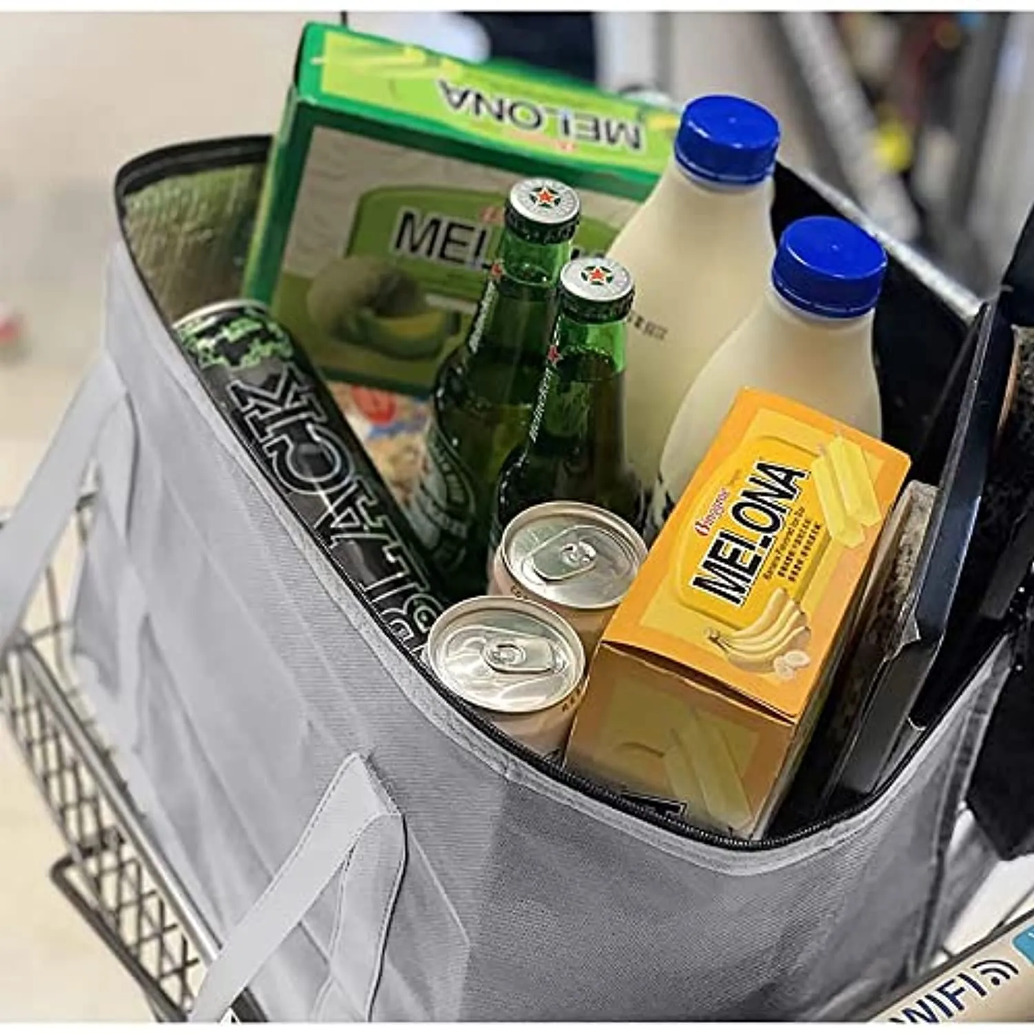BELLEFORD  2-Pack Insulated Reusable Grocery Shopping Bags, Xl, Large Picnic Cooler Bag Zipper Zippered Top Cold, Grey