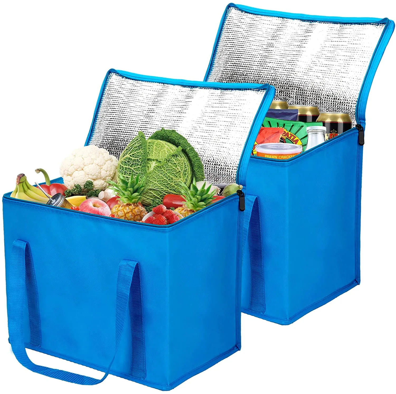 BELLEFORD  2-Pack Insulated Reusable Grocery Shopping Bags, Xl, Large Picnic Cooler Bag Zipper Zippered Top Cold, Grey