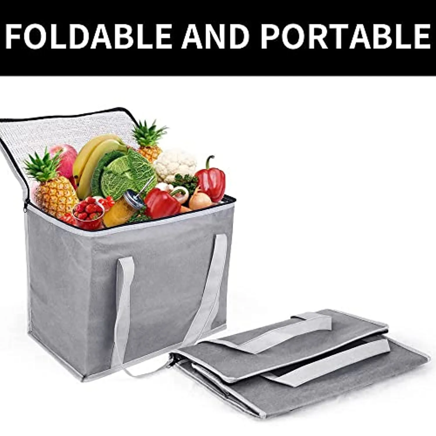 BELLEFORD  2-Pack Insulated Reusable Grocery Shopping Bags, Xl, Large Picnic Cooler Bag Zipper Zippered Top Cold, Grey
