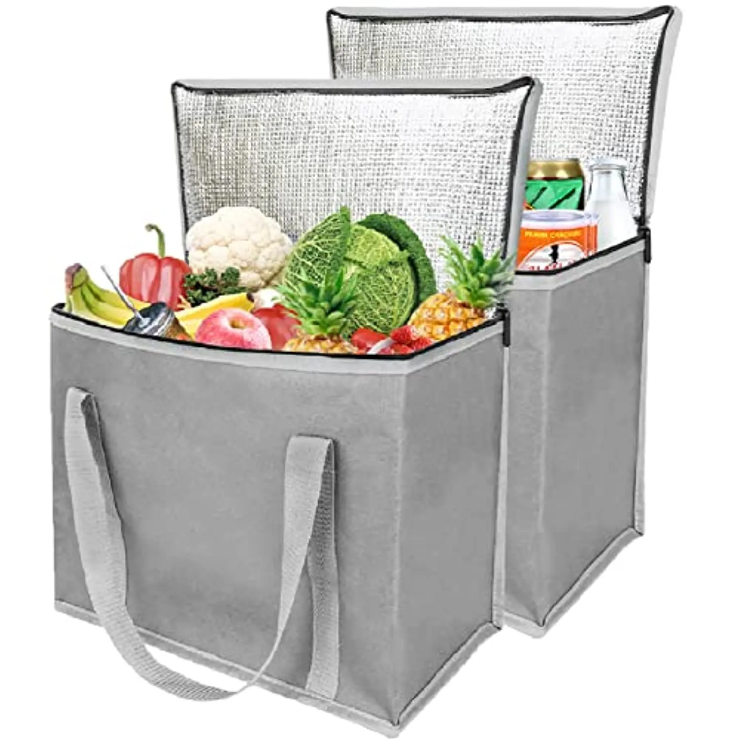BELLEFORD  2-Pack Insulated Reusable Grocery Shopping Bags, Xl, Large Picnic Cooler Bag Zipper Zippered Top Cold, Grey