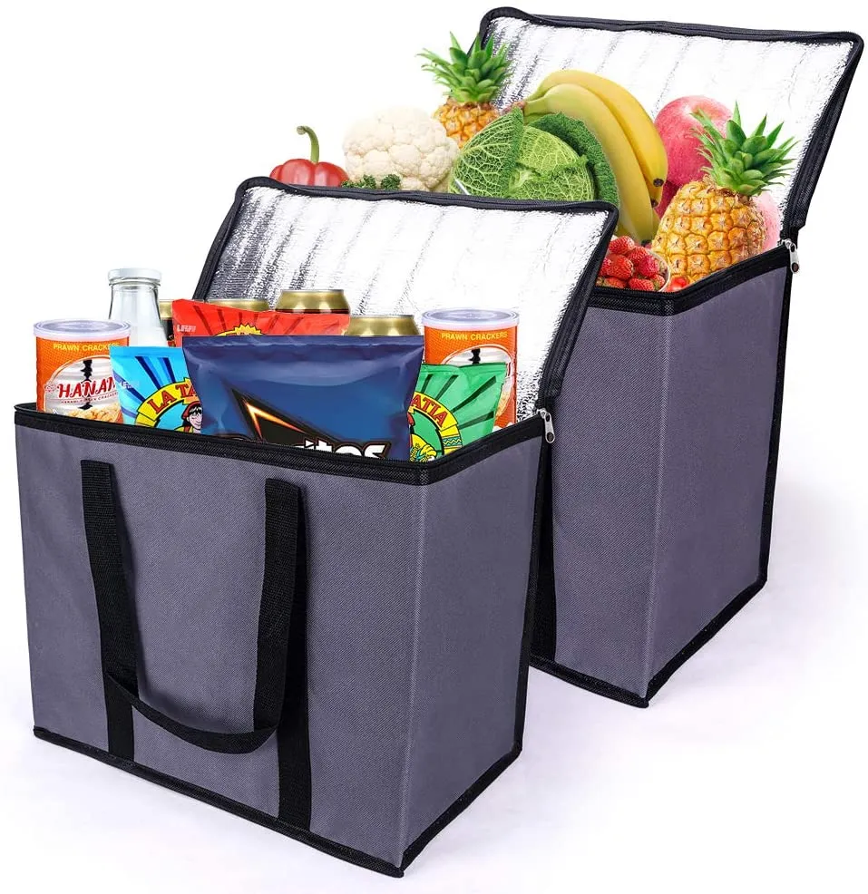 BELLEFORD  2-Pack Insulated Reusable Grocery Shopping Bags, Xl, Large Picnic Cooler Bag Zipper Zippered Top Cold, Grey