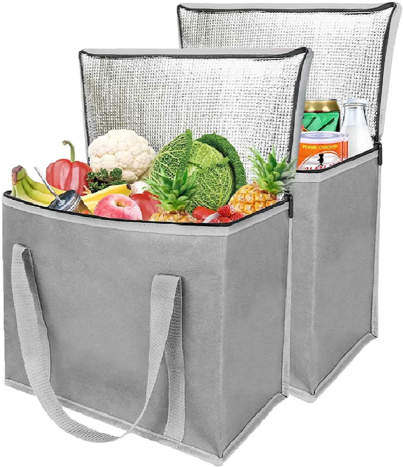 BELLEFORD  2-Pack Insulated Reusable Grocery Shopping Bags, Xl, Large Picnic Cooler Bag Zipper Zippered Top Cold, Grey
