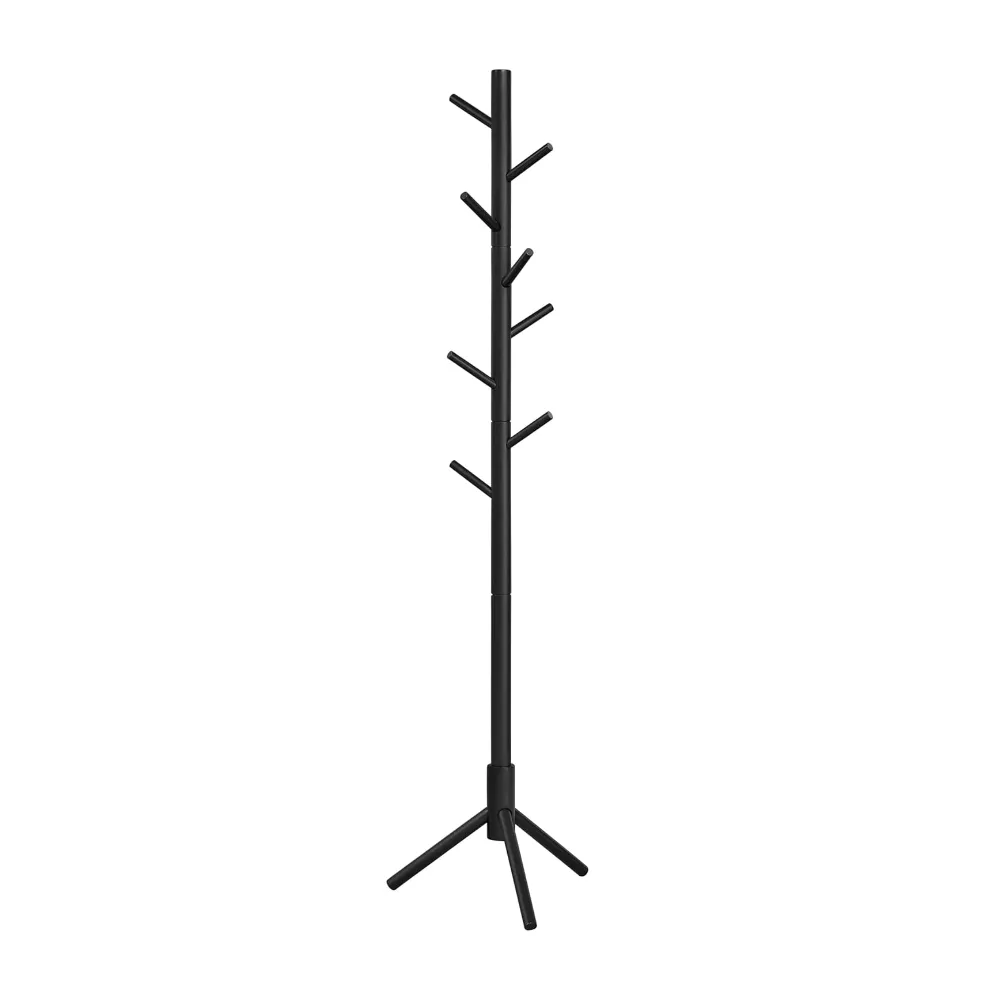 Black Height Adjustable Wooden Hall Tree Coat Rack with 8 Hooks