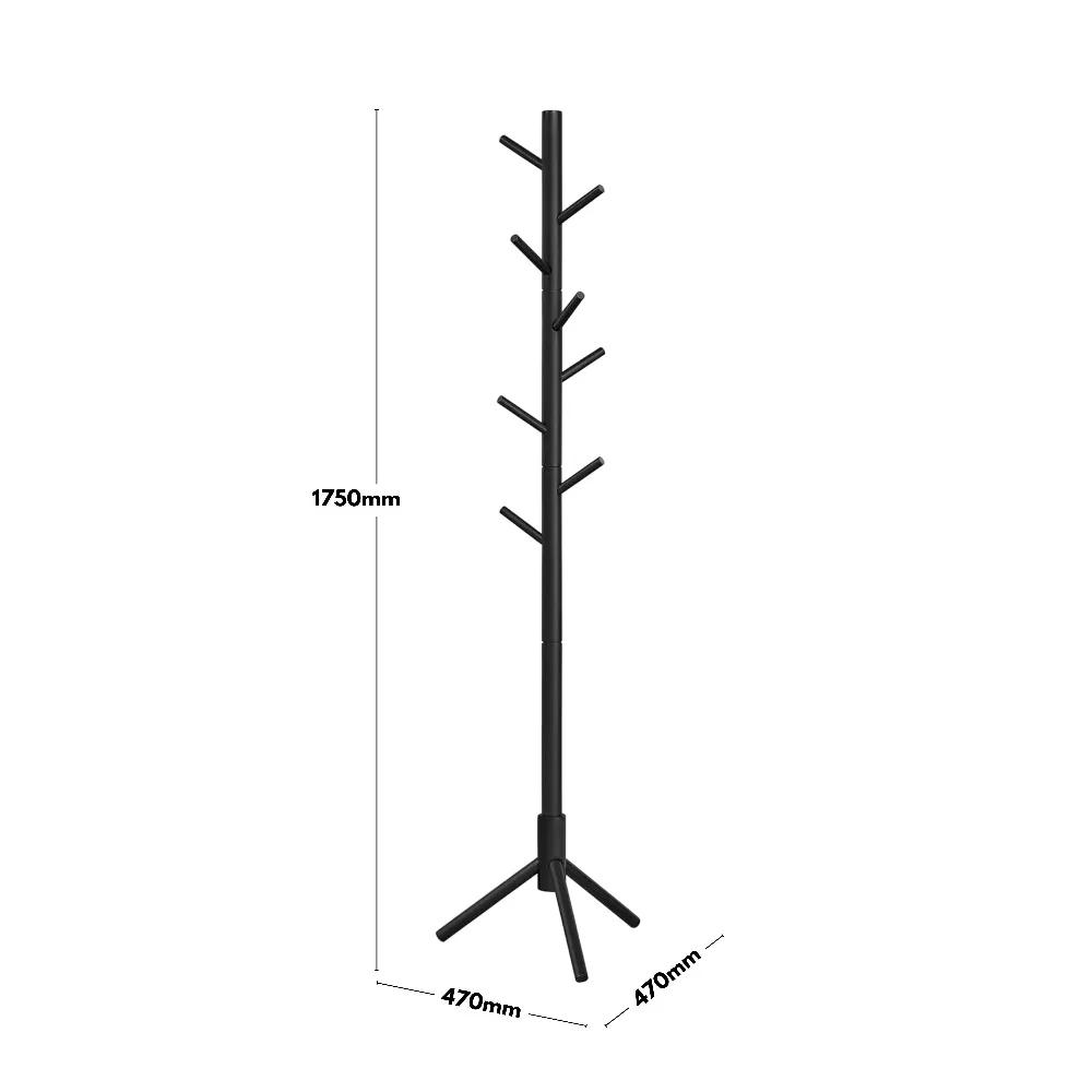 Black Height Adjustable Wooden Hall Tree Coat Rack with 8 Hooks